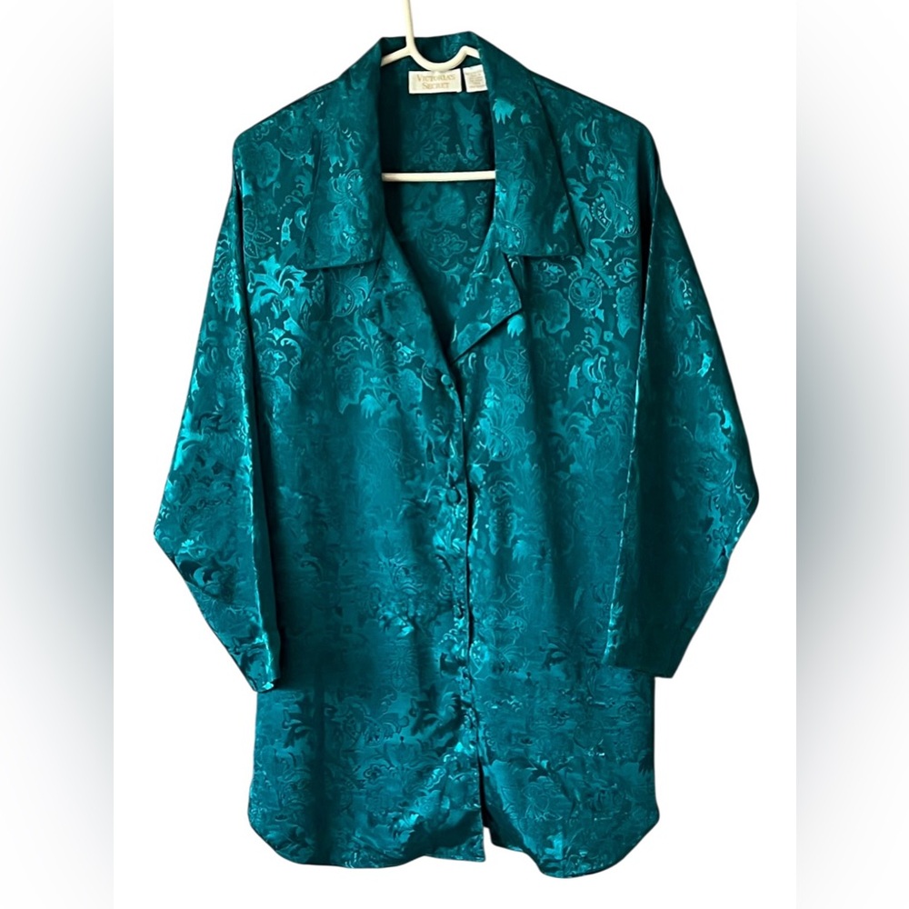 Vintage Victoria's Secret Gold Label Emerald Floral Damask Satin Sleep Shirt - Picture 3 of 10